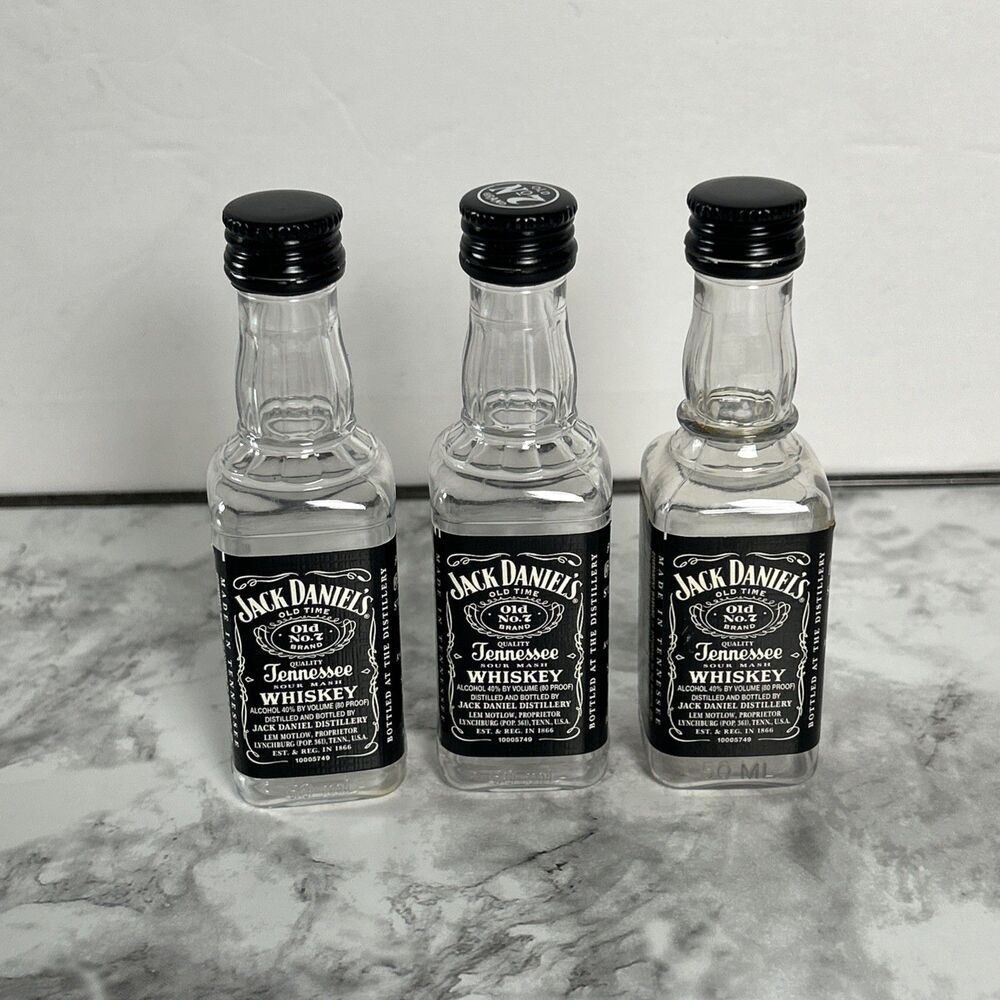 3 Empty Jack Daniels Old No. 07 Tennessee Whiskey 50 ML Mini Plastic Bottles.